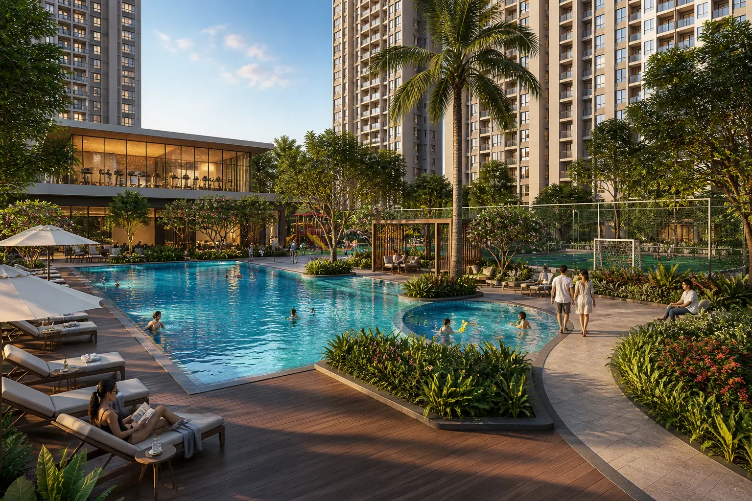 SOBHA OneWorld swimming pool with luxury lounging area