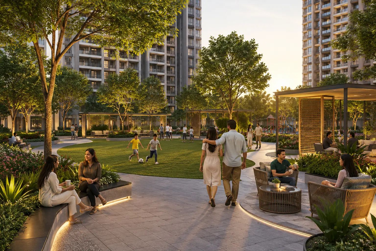 SOBHA OneWorld 48-acre integrated township aerial view showing luxury towers and landscaped gardens